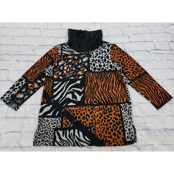 Thomas & Olivia Sweaters - Thomas & Olivia WOMENS SIZE L Cowl Neck Knit Top Black White Patchwork Print